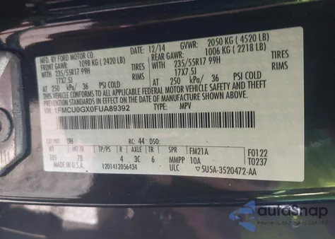 2015 Ford Escape Se из США, поврежденный, VIN 1FMCU0GX0FUA89392